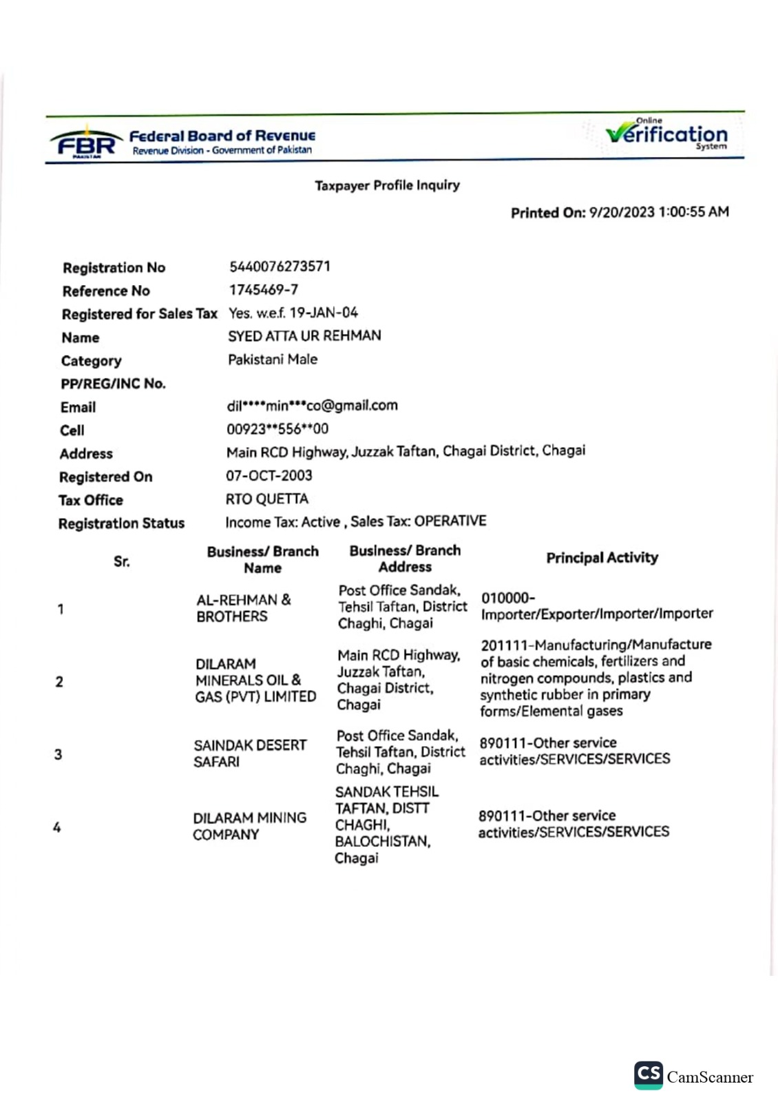 FBR Taxpayer Profile